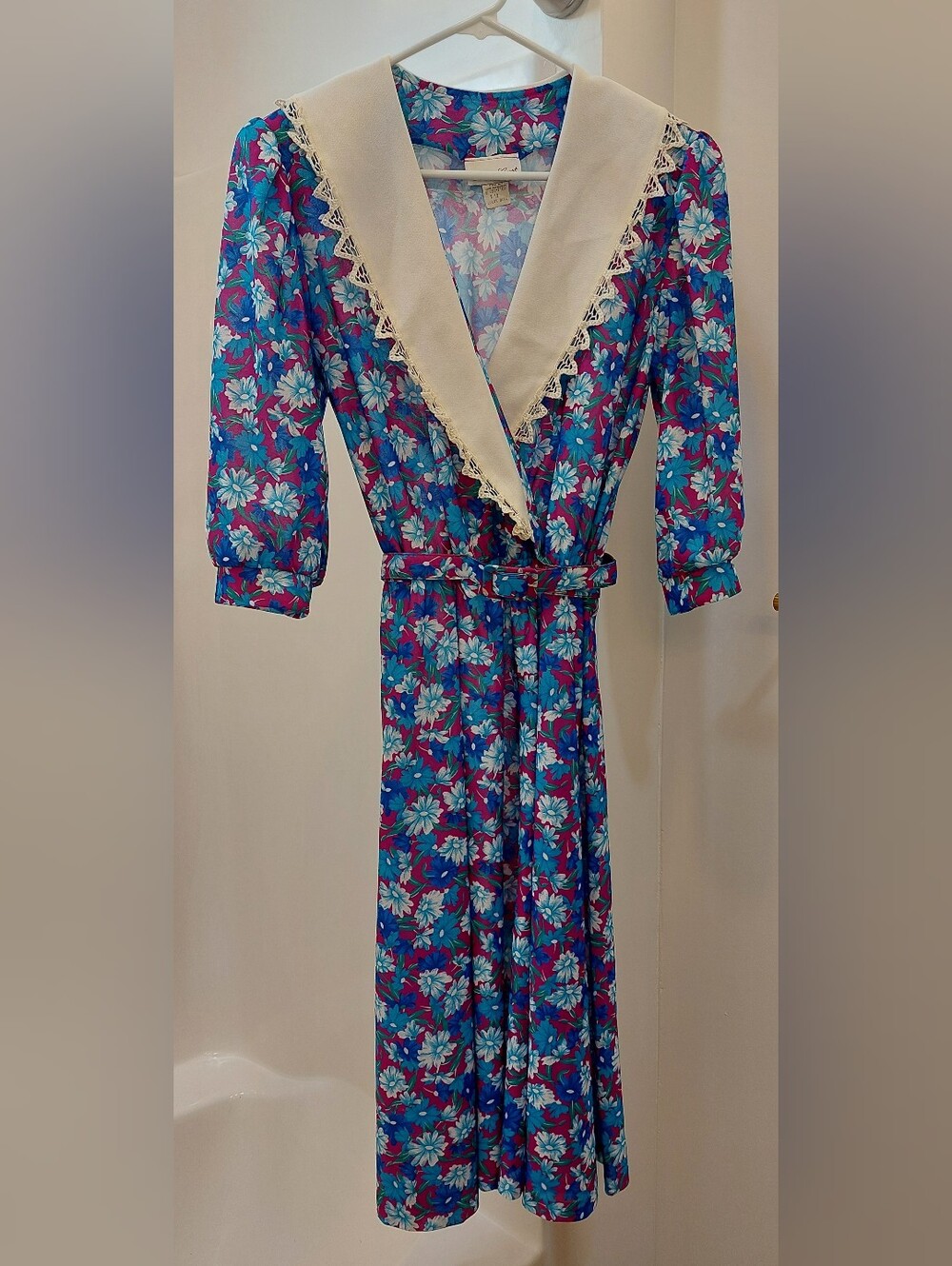 Vintage 1980s Floral Midi Dress Size 12 – Statement Sailor Collar & Belt